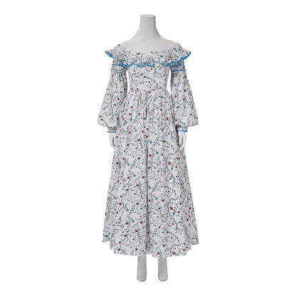 Medieval Style Off-shoulder Bell-sleeved Floral Patterned Maxi Dress for Historical Reenactments Cosplay Events Medieval Halloween Christmas