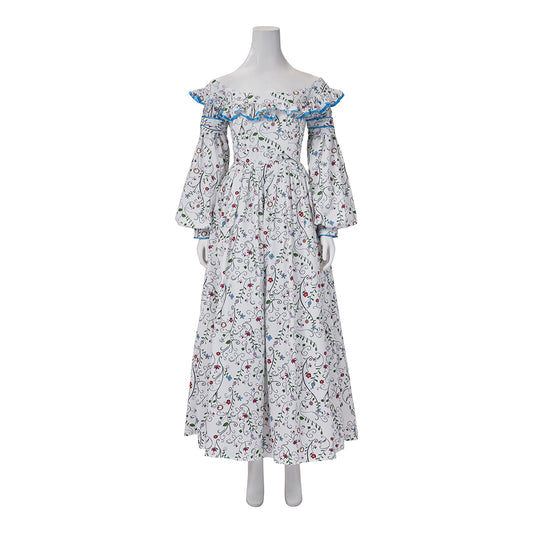 Medieval Style Off-shoulder Bell-sleeved Floral Patterned Maxi Dress for Historical Reenactments Cosplay Events Medieval Halloween Christmas