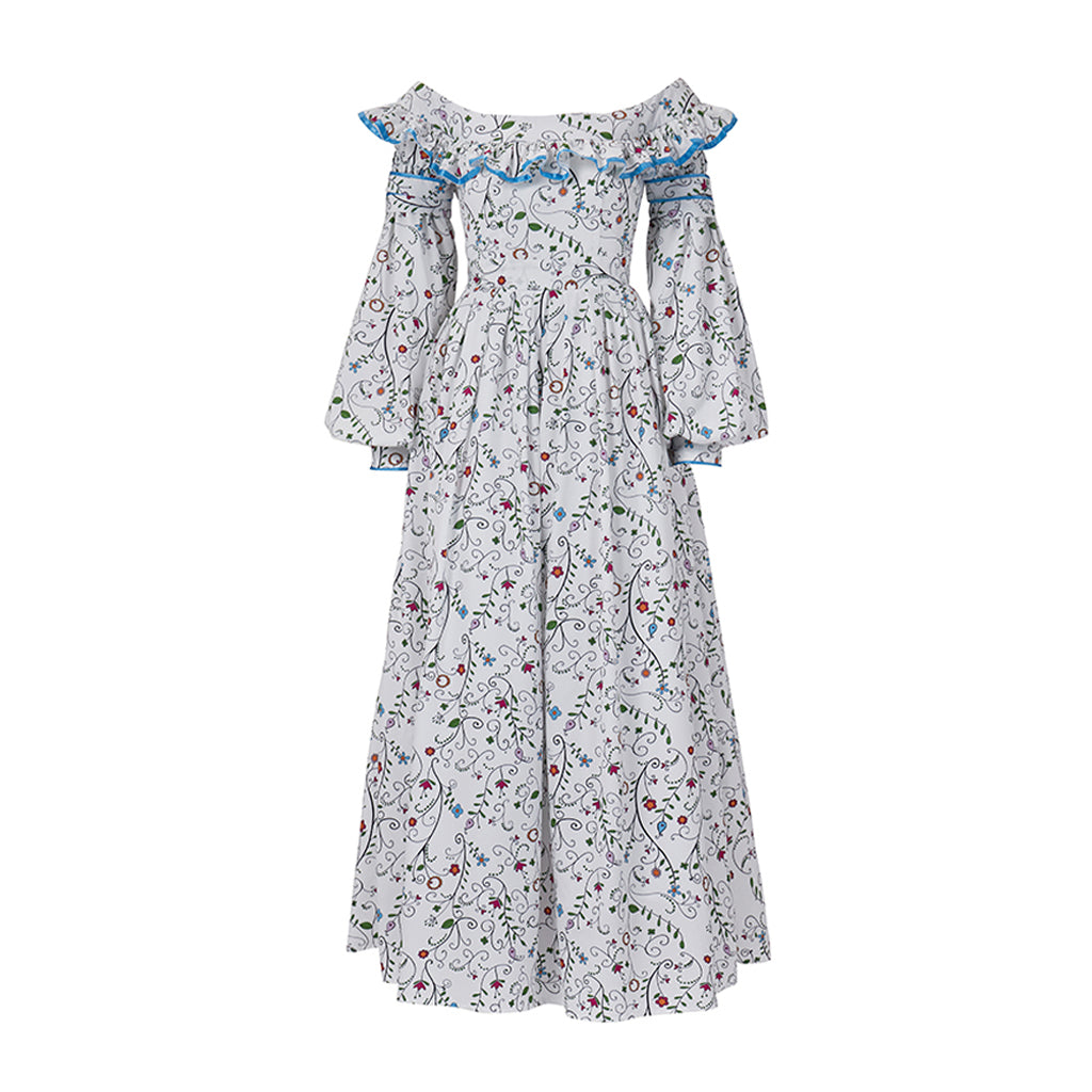 Medieval Style Off-shoulder Bell-sleeved Floral Patterned Maxi Dress for Historical Reenactments Cosplay Events Medieval Halloween Christmas