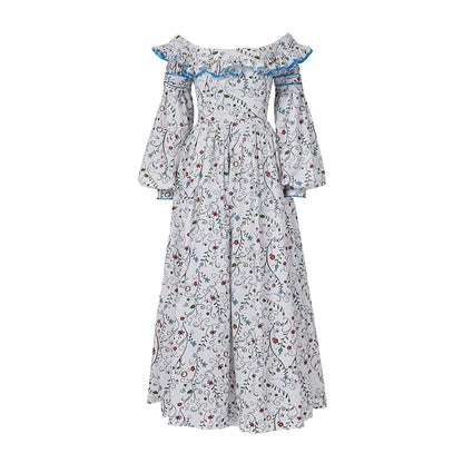 Medieval Style Off-shoulder Bell-sleeved Floral Patterned Maxi Dress for Historical Reenactments Cosplay Events Medieval Halloween Christmas