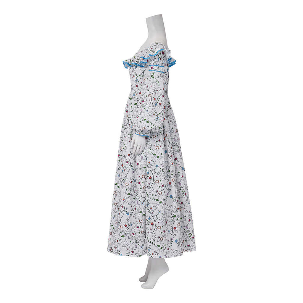 Medieval Style Off-shoulder Bell-sleeved Floral Patterned Maxi Dress for Historical Reenactments Cosplay Events Medieval Halloween Christmas
