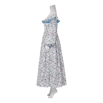 Medieval Style Off-shoulder Bell-sleeved Floral Patterned Maxi Dress for Historical Reenactments Cosplay Events Medieval Halloween Christmas