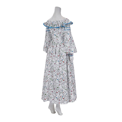 Medieval Style Off-shoulder Bell-sleeved Floral Patterned Maxi Dress for Historical Reenactments Cosplay Events Medieval Halloween Christmas