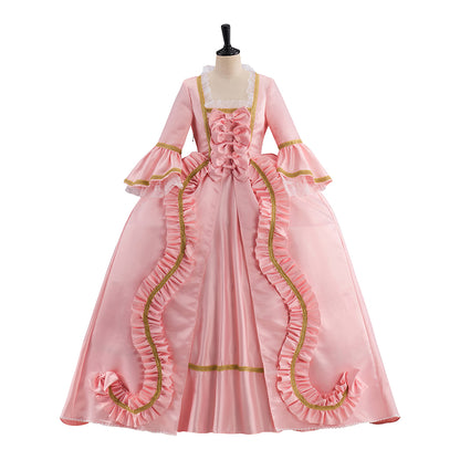 Rococo Pink Gown with Gold Trim and Elaborate Ruffles for Historical Reenactments Rococo Themed Gatherings Cosplay Events Halloween Christmas