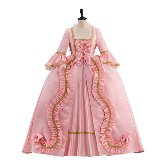 Rococo Pink Gown with Gold Trim and Elaborate Ruffles for Historical Reenactments Rococo Themed Gatherings Cosplay Events Halloween Christmas