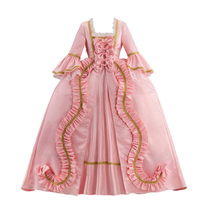 Rococo Pink Gown with Gold Trim and Elaborate Ruffles for Historical Reenactments Rococo Themed Gatherings Cosplay Events Halloween Christmas