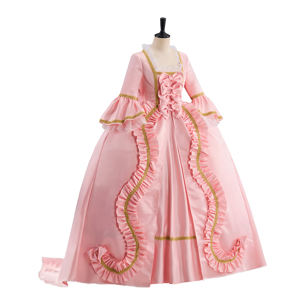 Rococo Pink Gown with Gold Trim and Elaborate Ruffles for Historical Reenactments Rococo Themed Gatherings Cosplay Events Halloween Christmas