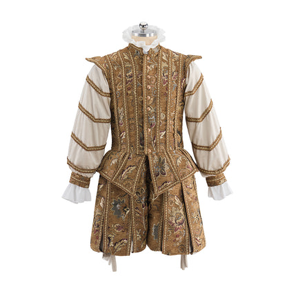 Renaissance Brown Embroidered Doublet with White Striped Sleeves for Historical Reenactments Renaissance Themed Halloween Christmas