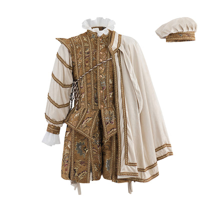 Renaissance Brown Embroidered Doublet with White Striped Sleeves for Historical Reenactments Renaissance Themed Halloween Christmas