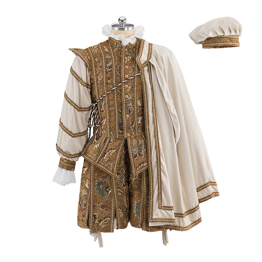 Renaissance Brown Embroidered Doublet with White Striped Sleeves for Historical Reenactments Renaissance Themed Halloween Christmas