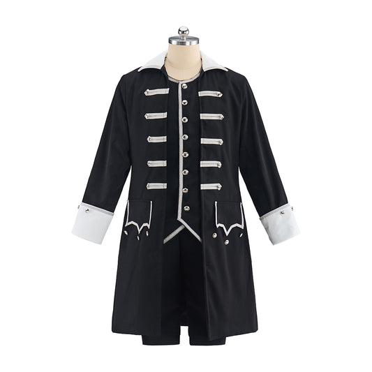 Victorian Black Military Style Coat with White Decorative Buttons and Cuffs for Historical Themed Halloween Christmas