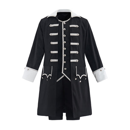 Victorian Black Military Style Coat with White Decorative Buttons and Cuffs for Historical Themed Halloween Christmas