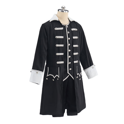 Victorian Black Military Style Coat with White Decorative Buttons and Cuffs for Historical Themed Halloween Christmas