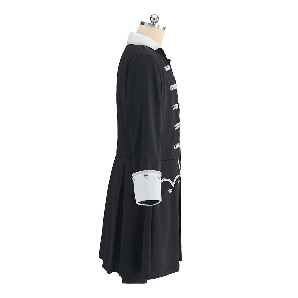 Victorian Black Military Style Coat with White Decorative Buttons and Cuffs for Historical Themed Halloween Christmas