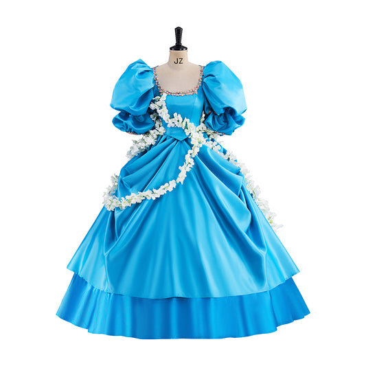 Rococo Light Blue Gown with Puff Sleeves Tiered Skirt and White Embellished Sash for Historical Reenactments Halloween Christmas