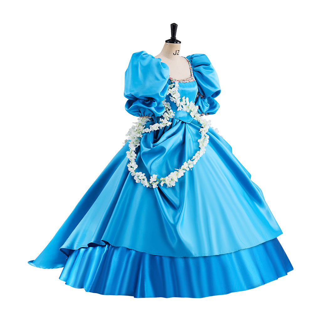 Rococo Light Blue Gown with Puff Sleeves Tiered Skirt and White Embellished Sash for Historical Reenactments Halloween Christmas