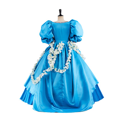 Rococo Light Blue Gown with Puff Sleeves Tiered Skirt and White Embellished Sash for Historical Reenactments Halloween Christmas