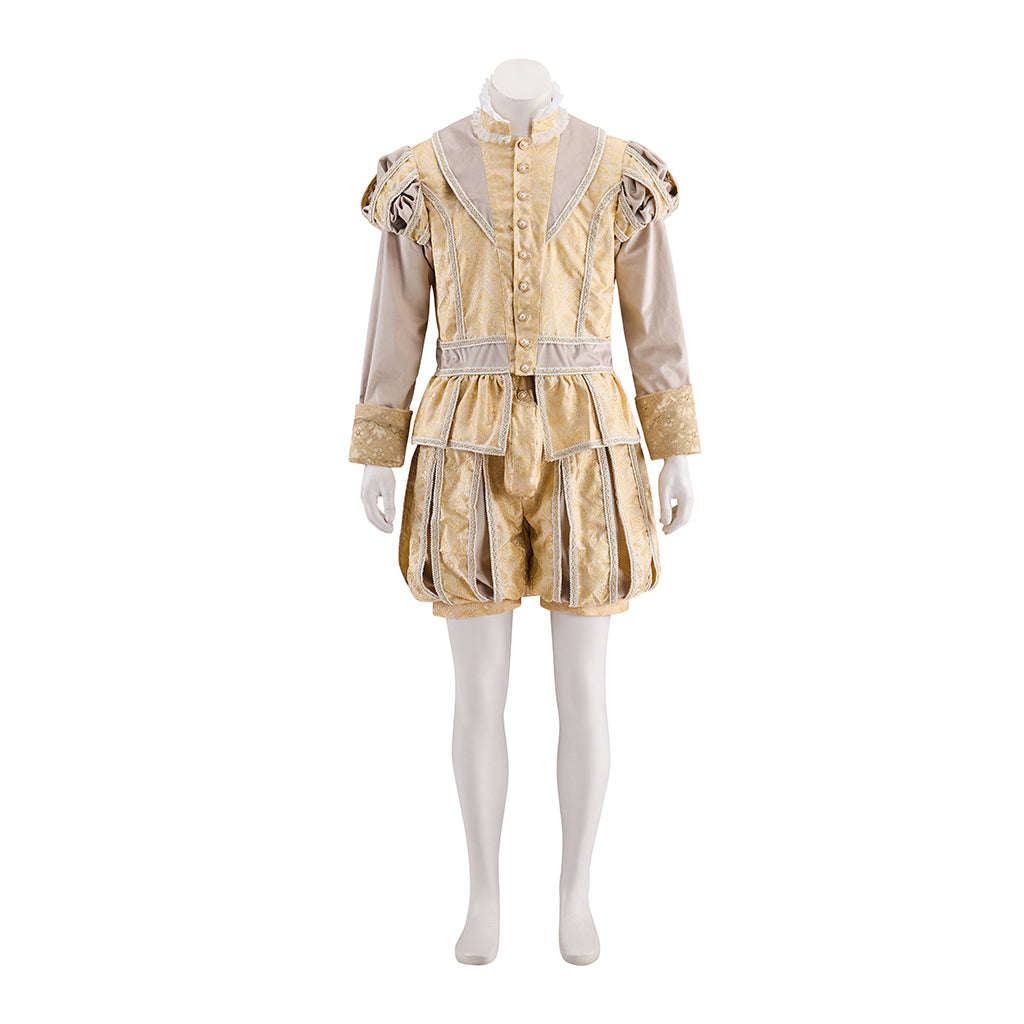 Renaissance Gold Embroidered Tunic Set with Beige Cloak and Matching Hat for Historical Reenactments Renaissance Themed Halloween Christmas