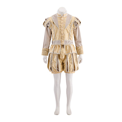 Renaissance Gold Embroidered Tunic Set with Beige Cloak and Matching Hat for Historical Reenactments Renaissance Themed Halloween Christmas