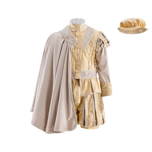 Renaissance Gold Embroidered Tunic Set with Beige Cloak and Matching Hat for Historical Reenactments Renaissance Themed Halloween Christmas