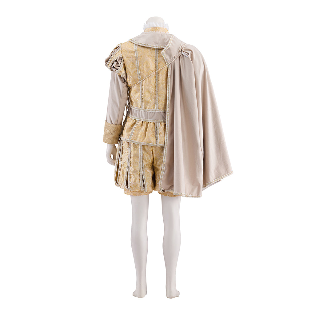 Renaissance Gold Embroidered Tunic Set with Beige Cloak and Matching Hat for Historical Reenactments Renaissance Themed Halloween Christmas