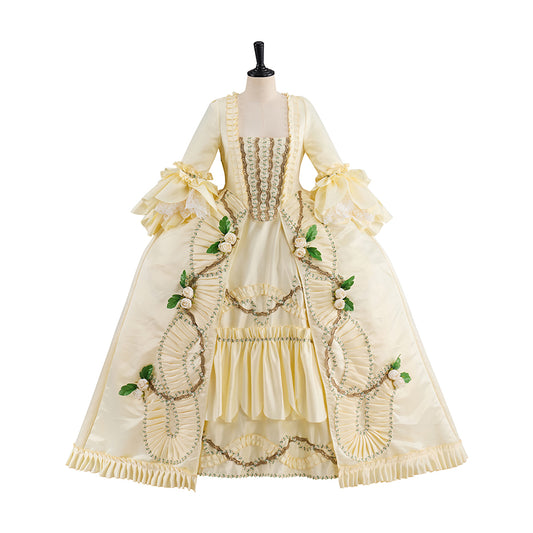 Rococo Cream Gown with Embroidered Green Floral Puff Sleeves and Matching Cloak for Historical Reenactments Rococo Halloween Christmas
