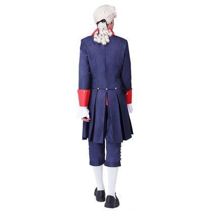 Medieval Military Officer Men's Navy Blue Coat with Red Trim Ornate Red Detailing and Buttons Costume for Historical Reenactments Cosplay Events or Halloween Christmas or Parties