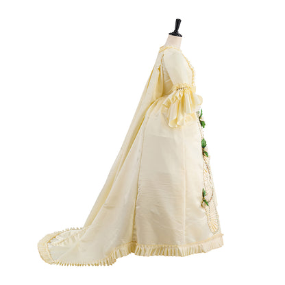 Rococo Cream Gown with Embroidered Green Floral Puff Sleeves and Matching Cloak for Historical Reenactments Rococo Halloween Christmas