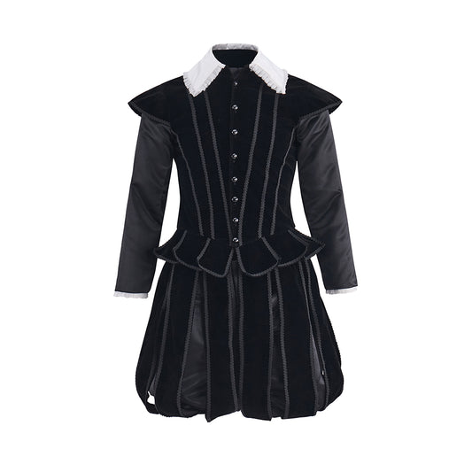 Elizabethan Black Velvet Gown with White Ruffled Collar and Fitted Bodice for Historical Reenactments  Themed Gatherings Halloween Christmas