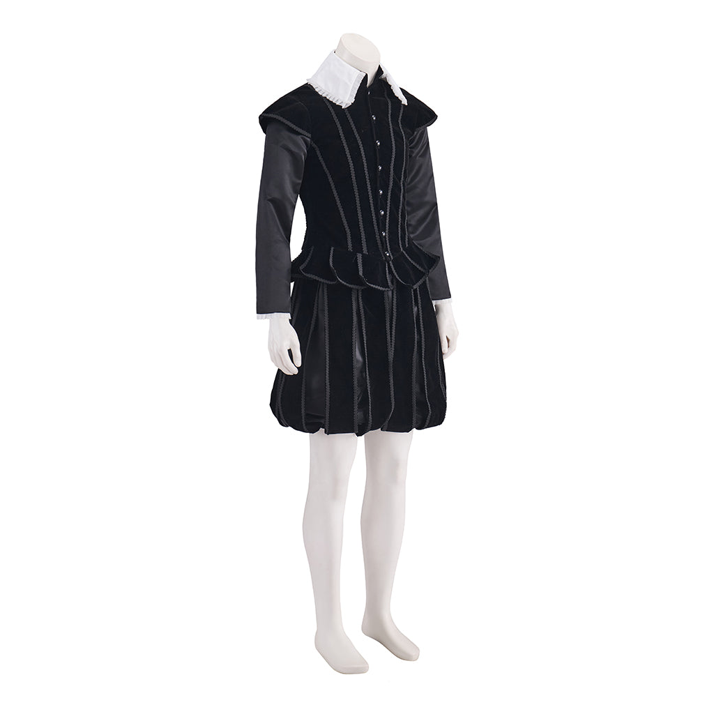 Elizabethan Black Velvet Gown with White Ruffled Collar and Fitted Bodice for Historical Reenactments  Themed Gatherings Halloween Christmas