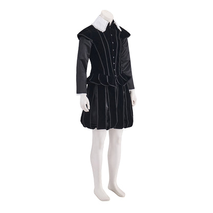 Elizabethan Black Velvet Gown with White Ruffled Collar and Fitted Bodice for Historical Reenactments  Themed Gatherings Halloween Christmas