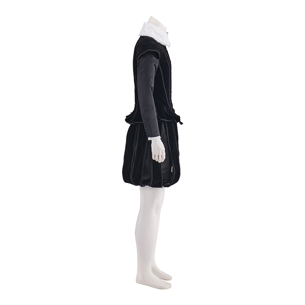Elizabethan Black Velvet Gown with White Ruffled Collar and Fitted Bodice for Historical Reenactments  Themed Gatherings Halloween Christmas