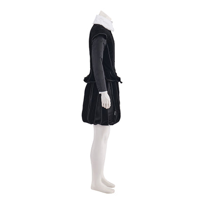 Elizabethan Black Velvet Gown with White Ruffled Collar and Fitted Bodice for Historical Reenactments  Themed Gatherings Halloween Christmas
