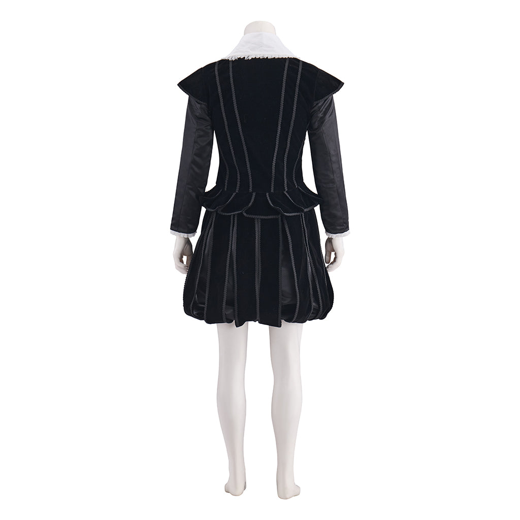 Elizabethan Black Velvet Gown with White Ruffled Collar and Fitted Bodice for Historical Reenactments  Themed Gatherings Halloween Christmas