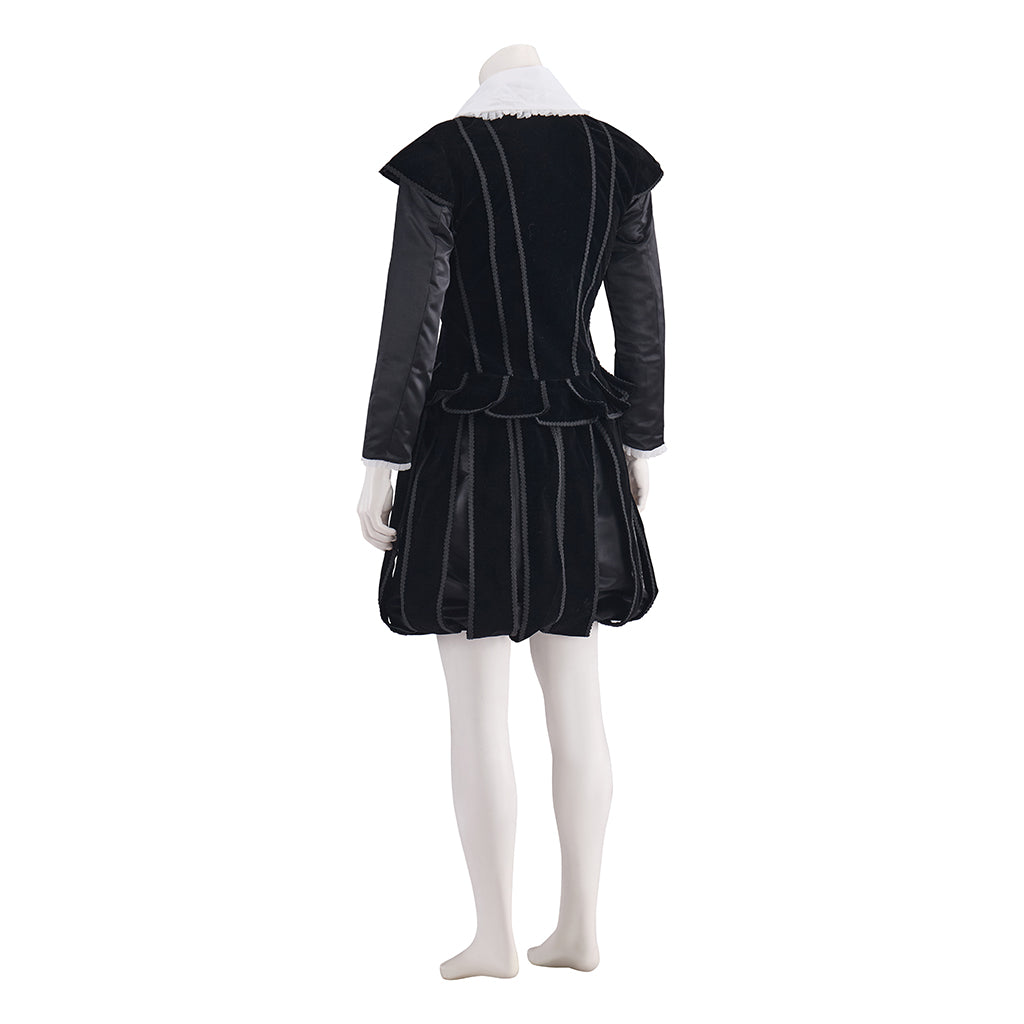 Elizabethan Black Velvet Gown with White Ruffled Collar and Fitted Bodice for Historical Reenactments  Themed Gatherings Halloween Christmas