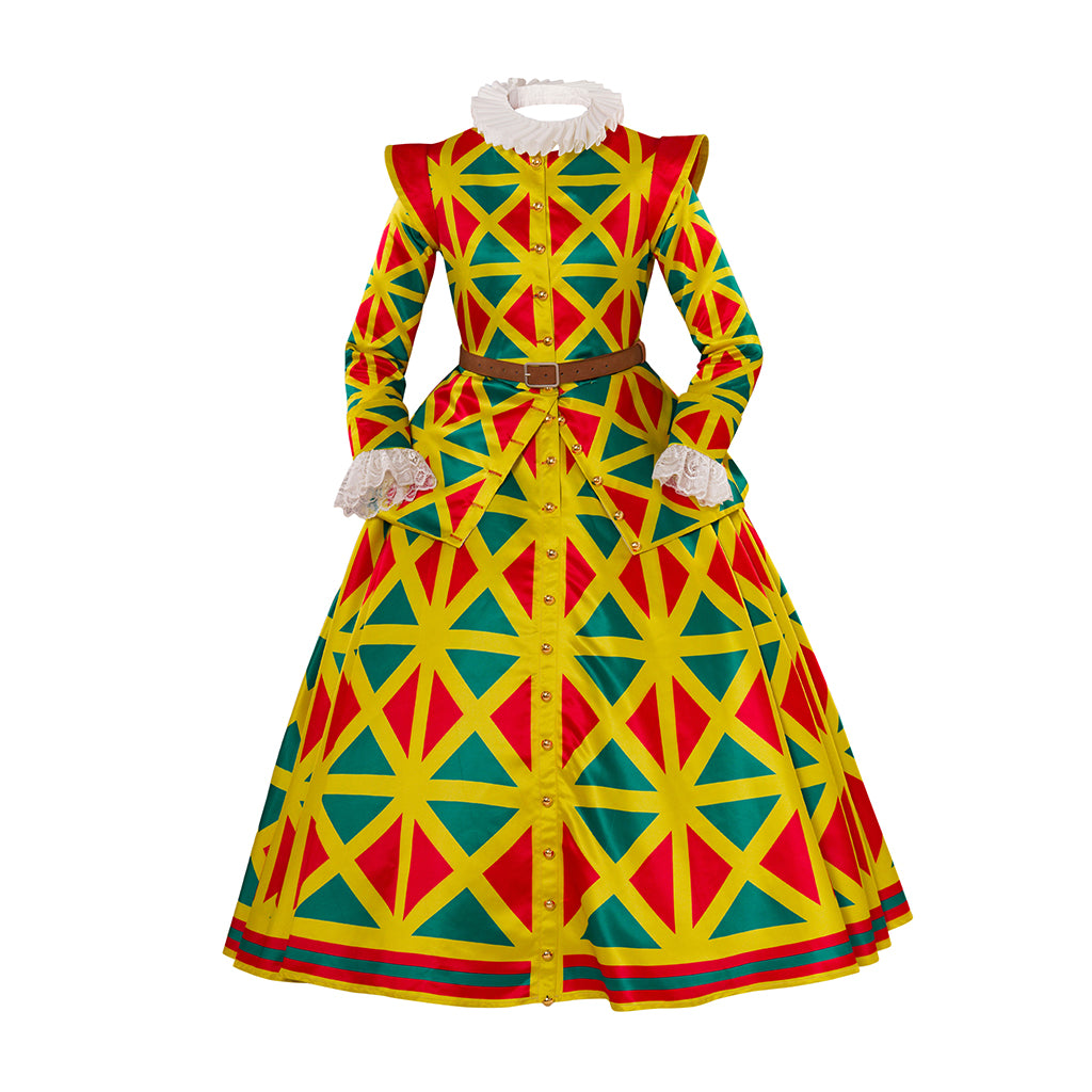 Medieval Style Colorful Diamond Patterned Gown with Fitted Bodice Long Sleeves and Full Skirt for Renaissance Fairs Halloween or Christmas