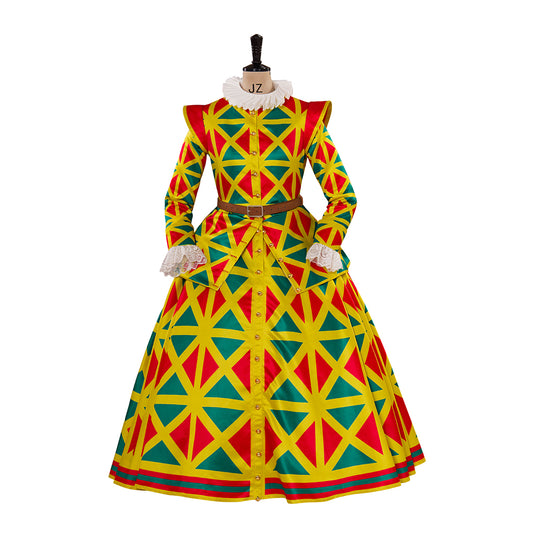Medieval Style Colorful Diamond Patterned Gown with Fitted Bodice Long Sleeves and Full Skirt for Renaissance Fairs Halloween or Christmas