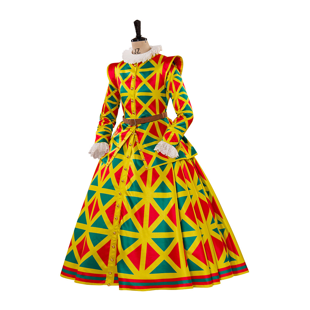 Medieval Style Colorful Diamond Patterned Gown with Fitted Bodice Long Sleeves and Full Skirt for Renaissance Fairs Halloween or Christmas