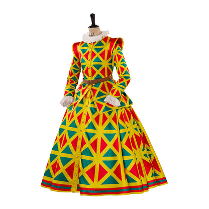 Medieval Style Colorful Diamond Patterned Gown with Fitted Bodice Long Sleeves and Full Skirt for Renaissance Fairs Halloween or Christmas