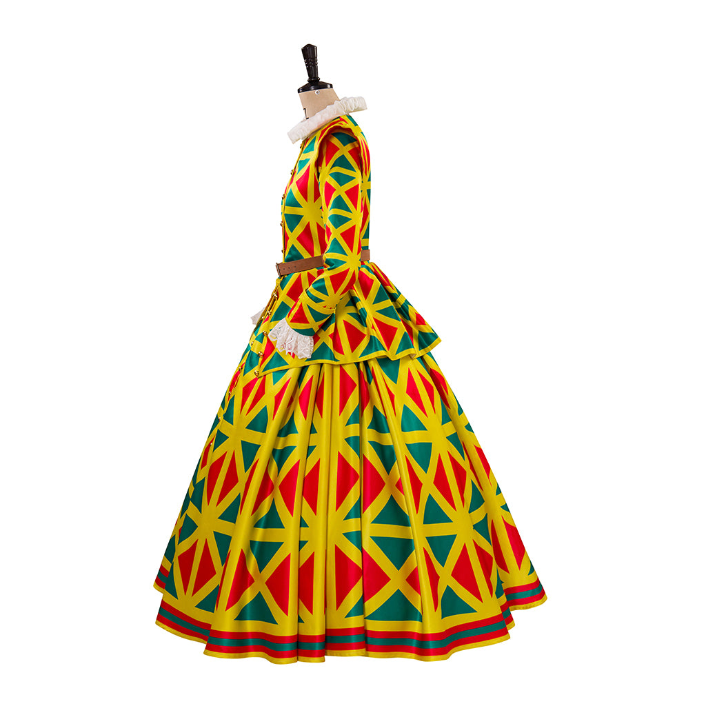 Medieval Style Colorful Diamond Patterned Gown with Fitted Bodice Long Sleeves and Full Skirt for Renaissance Fairs Halloween or Christmas