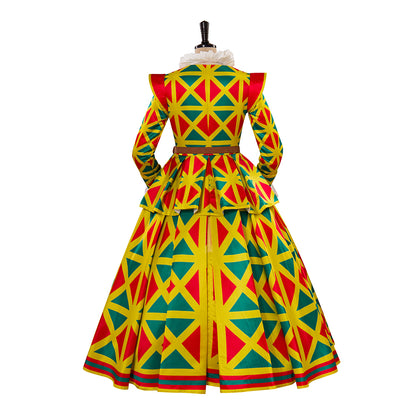 Medieval Style Colorful Diamond Patterned Gown with Fitted Bodice Long Sleeves and Full Skirt for Renaissance Fairs Halloween or Christmas