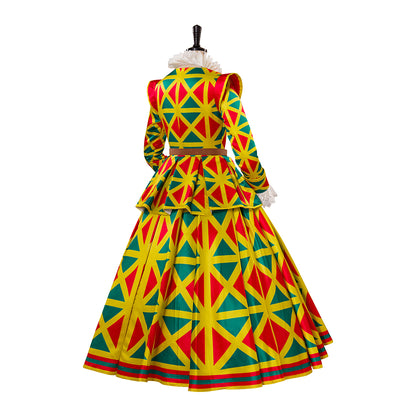 Medieval Style Colorful Diamond Patterned Gown with Fitted Bodice Long Sleeves and Full Skirt for Renaissance Fairs Halloween or Christmas