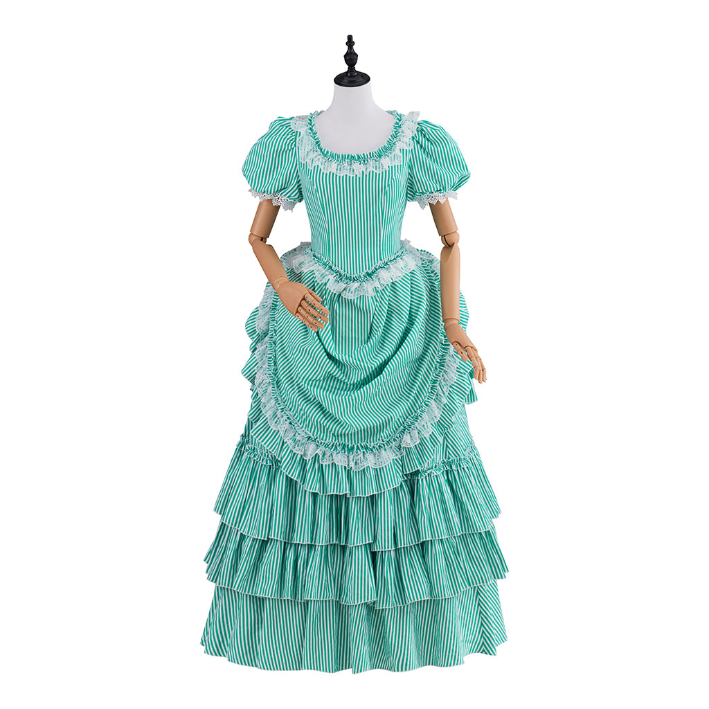 Victorian Aqua Square Neck Short Sleeve Layered Ruffled Gown for Historical Reenactments Victorian Themed Halloween Christmas