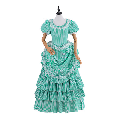 Victorian Aqua Square Neck Short Sleeve Layered Ruffled Gown for Historical Reenactments Victorian Themed Halloween Christmas