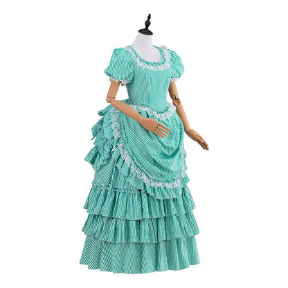 Victorian Aqua Square Neck Short Sleeve Layered Ruffled Gown for Historical Reenactments Victorian Themed Halloween Christmas