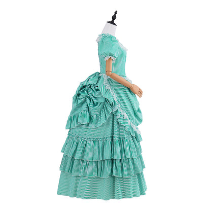 Victorian Aqua Square Neck Short Sleeve Layered Ruffled Gown for Historical Reenactments Victorian Themed Halloween Christmas