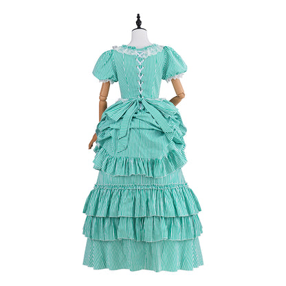 Victorian Aqua Square Neck Short Sleeve Layered Ruffled Gown for Historical Reenactments Victorian Themed Halloween Christmas