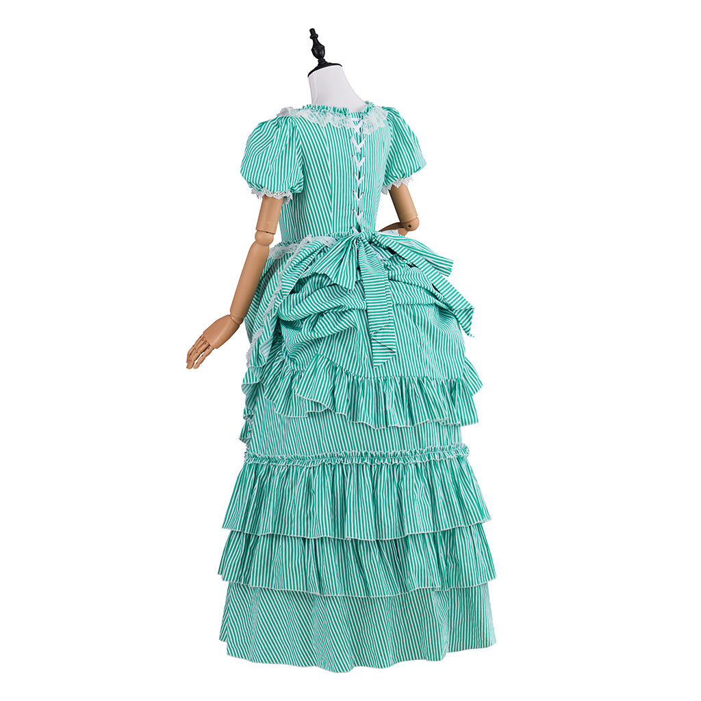 Victorian Aqua Square Neck Short Sleeve Layered Ruffled Gown for Historical Reenactments Victorian Themed Halloween Christmas