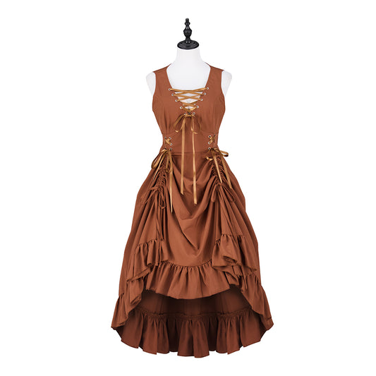 Victorian Brown Velvet Sleeveless Gown with Lace Up Front and Ruffled Hem for Historical Reenactments Victorian Halloween Christmas