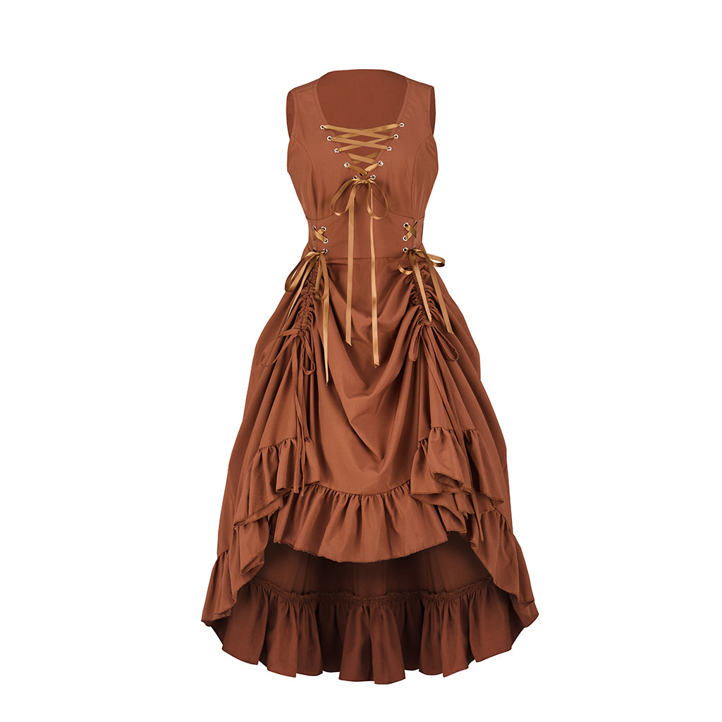 Victorian Brown Velvet Sleeveless Gown with Lace Up Front and Ruffled Hem for Historical Reenactments Victorian Halloween Christmas